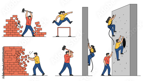 Diverse group of people overcoming various obstacles like breaking walls, jumping hurdles, and climbing steep vertical surfaces.