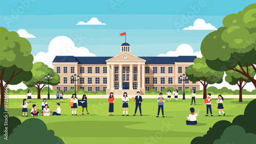 Large group of students gathered on a green lawn in front of a majestic neoclassical school building under a bright blue sky.