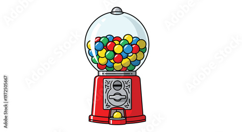 A classic vintage gumball machine features a vibrant red metallic base and a transparent glass globe packed with assorted colorful round candies.