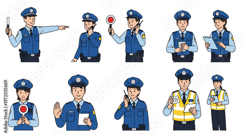 Set of professional police officers in blue uniforms performing various duties like directing traffic and communicating on radios.