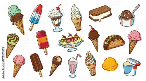 Assortment of delicious ice cream treats including cones sundaes popsicles and ice cream sandwiches perfect for summer refreshment and dessert enjoyment