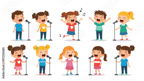 Happy group of young children singing into microphones during a musical performance or talent show on a clean white background.