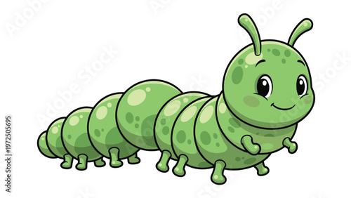 Friendly green caterpillar character with a happy smiling face crawling along an invisible surface in a cute cartoon style.