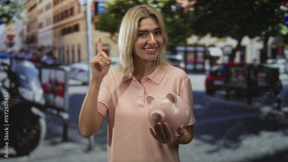 Fototapeta premium Young hispanic woman smiling, holding pink piggy bank and pointing index finger in street while wearing pink polo shirt; saving money hopeful.