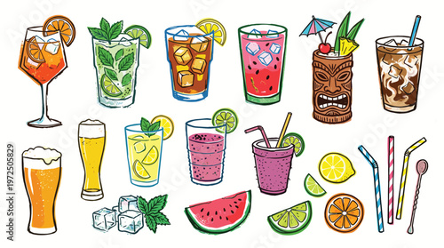 Refreshing Summer Drinks Collection Assortment of Colorful Cocktails and Beverages with Fruits and Ice Cubes on White Background