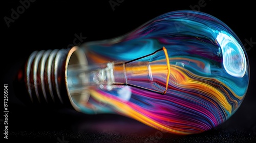 Light bulb filled with vibrant swirling colors against dark background