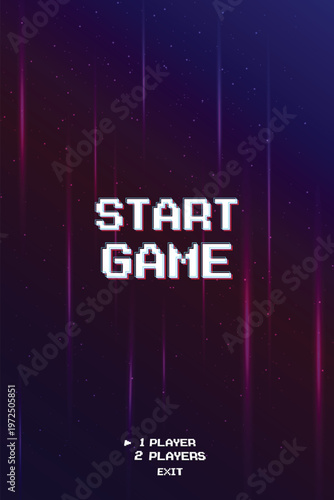 START GAME. Retro Futurism Sci-Fi Background. glowing neon grid and star from vintage arcade computer games. Vertical Backgrounds
