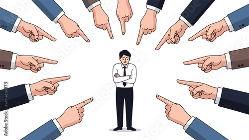 Stressed businessman standing with arms crossed while many hands point at him from all directions as a symbol of public blame.