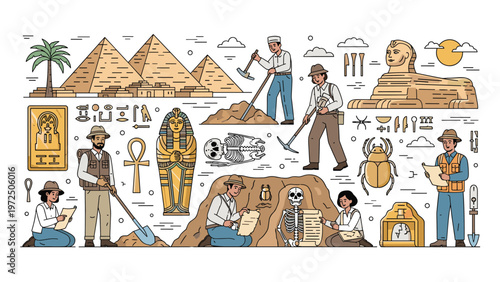 Illustration of an archeological dig site in ancient Egypt with pyramids, the sphinx, and scientists discovering hidden artifacts.