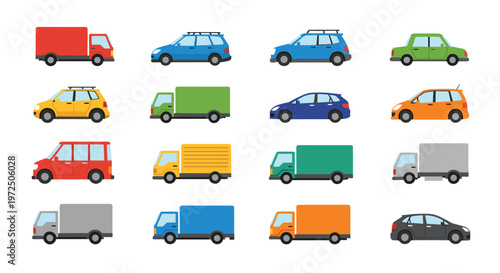 A diverse collection of sixteen different vehicles ranging from compact cars to large delivery trucks is presented in a neat grid on a white surface.