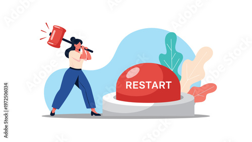 Determined woman in professional attire getting ready to hit a giant red restart button with a mallet tool.