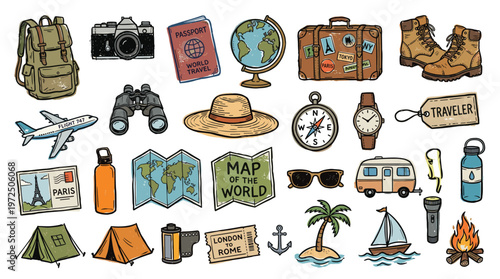 Collection of travel and adventure icons and illustrations representing vacation and exploration with essential gear for a journey