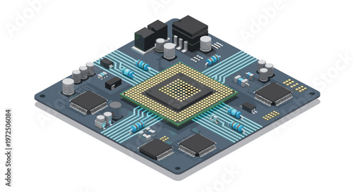 A detailed blue motherboard showcases a central golden processor unit surrounded by various electronic components and light blue conductive traces.