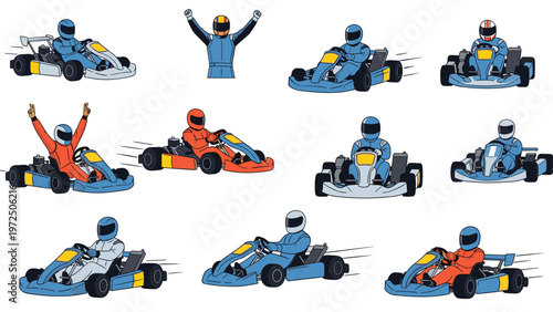 Action packed set of go kart racers in blue and orange suits driving their vehicles and celebrating victories on the race track.