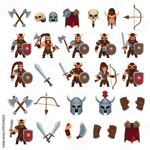 Cartoon medieval warriors and weapons set.
