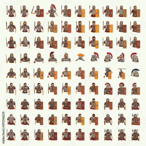 Collection of Roman Legionary Soldier Characters and Helmets.