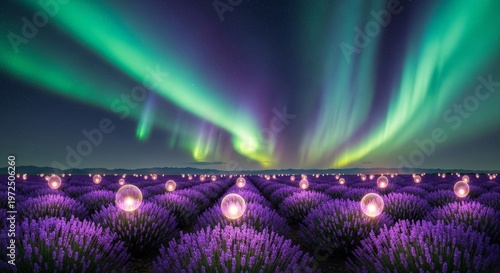 Glowing lavender field under shimmering aurora borealis and floating light orbs at night