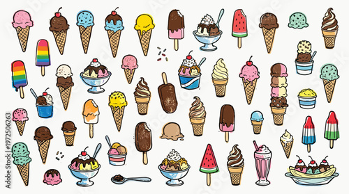 Vibrant collection of hand-drawn ice cream and frozen desserts in various flavors and styles, perfect for summer treats and advertising