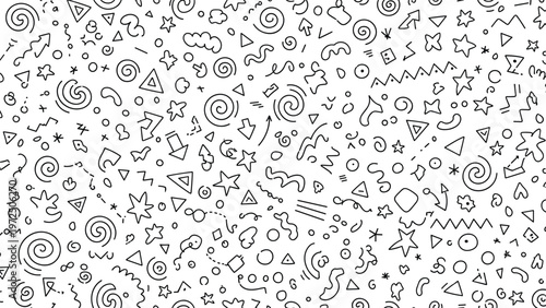 Complex hand drawn doodle pattern in black and white with various shapes like stars, spirals, arrows, and clouds in a messy style.