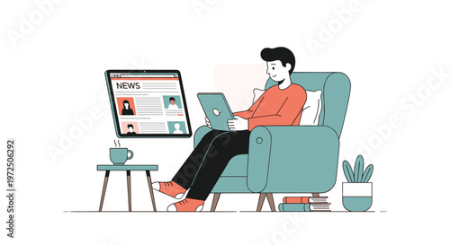 A relaxed man sits comfortably in a teal upholstered armchair while interacting with a tablet and a floating digital news interface in a clean room.