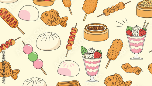 Seamless pattern of various asian street foods like corn dogs, dango, dumplings, and strawberry parfaits on a warm background.