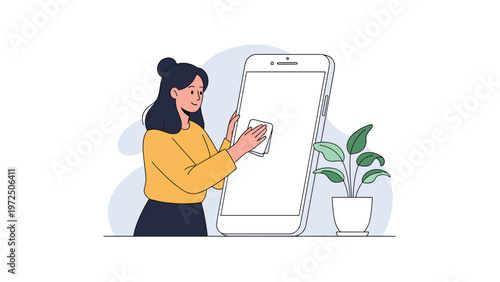 Young woman carefully cleaning the large screen of a white smartphone with a cloth as a part of regular electronic maintenance.