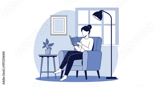 Young woman sitting comfortably in a blue armchair reading a book in a cozy living room next to a window and a lamp.