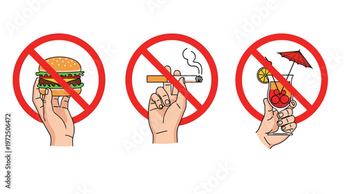 Illustration of various unhealthy habits like eating fast food and smoking with red prohibition signs over them.