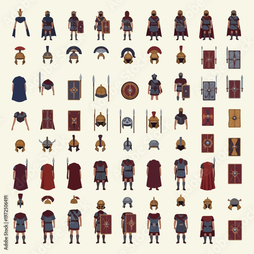 Collection of Roman Soldier Armor and Uniforms.