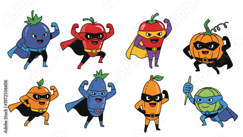 Collection of cute fruit and vegetable characters dressed as superheroes with capes and masks in various poses.