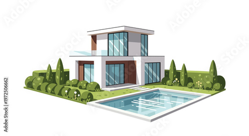 A contemporary two-story villa features expansive glass windows and a pristine blue swimming pool surrounded by lush green hedges under bright daylight.