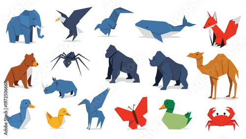 Collection of various animals created from folded paper origami including an elephant, a whale, and a soaring eagle.