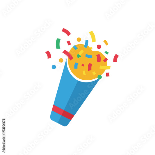 Colorful party popper with confetti flat vector icon