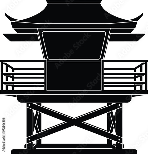 Black silhouette of a Japanese style watchtower on wooden stilts with traditional roof and balcony railing isolated on white background