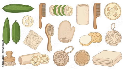 Collection of natural spa and bath accessories including loofahs, sponges, and wooden brushes for personal body care.