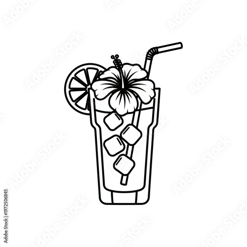 Tropical hibiscus iced drink line art illustration