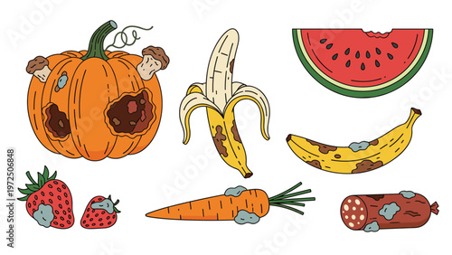 Set of various rotting food items like a pumpkin, carrot, and banana showing mold growth and signs of decomposition.