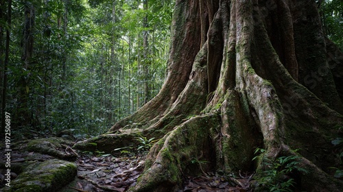 buttress. Massive tropical tree buttress roots forming a natural barrier in a green rainforest. ESG reports, sustainability campaigns, designed for sustainability communications and ESG reporting.