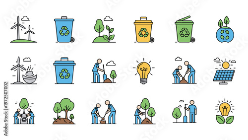 Set of environmental icons representing renewable energy and sustainable living practices like tree planting.