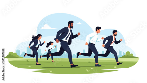 Group of business professionals in formal suits running together in a competitive race toward the city skyline.