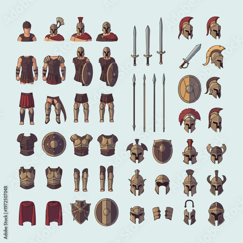 Ancient Roman and Greek Warrior Equipment Set with Armor Helmets and Weapons.