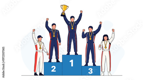 Group of victorious racing drivers standing on a winners podium with a trophy and gold medals in celebration.