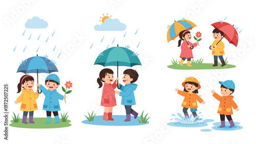 Group of children wearing raincoats and boots playing with umbrellas and jumping in puddles on a rainy day.