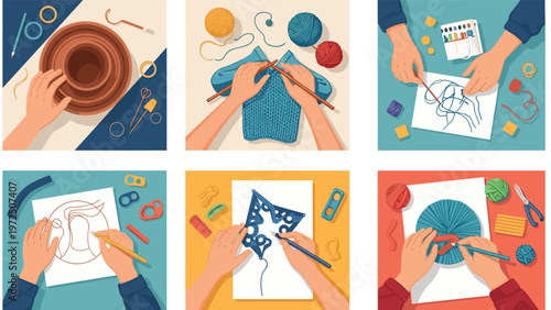 Set of illustrations showing various creative hobbies like pottery and knitting from a top down perspective.