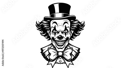 Scary Clown Portrait with Top Hat and Bow Tie - Black and White Illustration