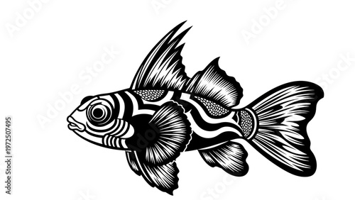 Black and White Tattoo Style Fish Illustration, Intricate Line Art, Aquatic Life, Marine Animal