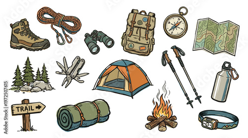 Outdoor adventure gear collection including boots tent backpack compass map hiking poles water bottle and campfire for camping and hiking expeditions