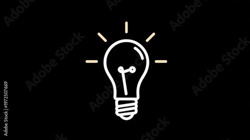 Simple line art of a lit light bulb on a black background