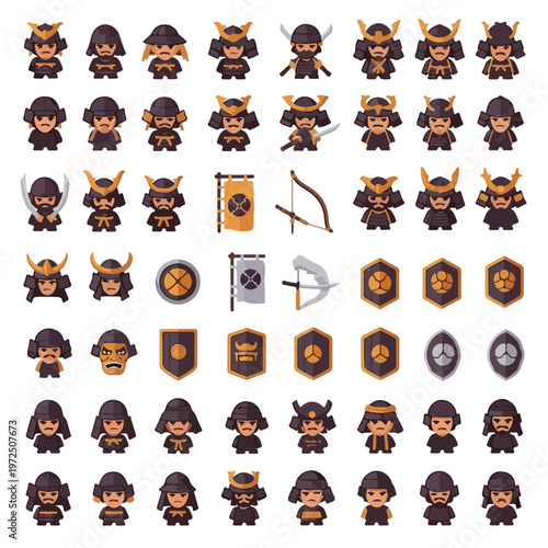 Collection of Chibi Samurai Warrior Characters and Traditional Japanese Weapons and Shields.