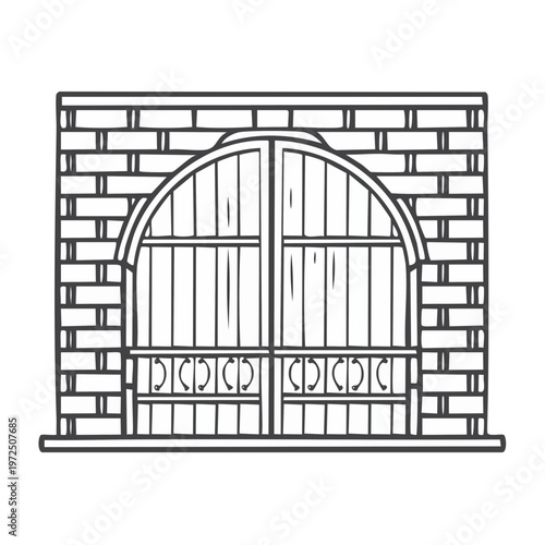 Archway forged iron gates set in a brick wall drawing